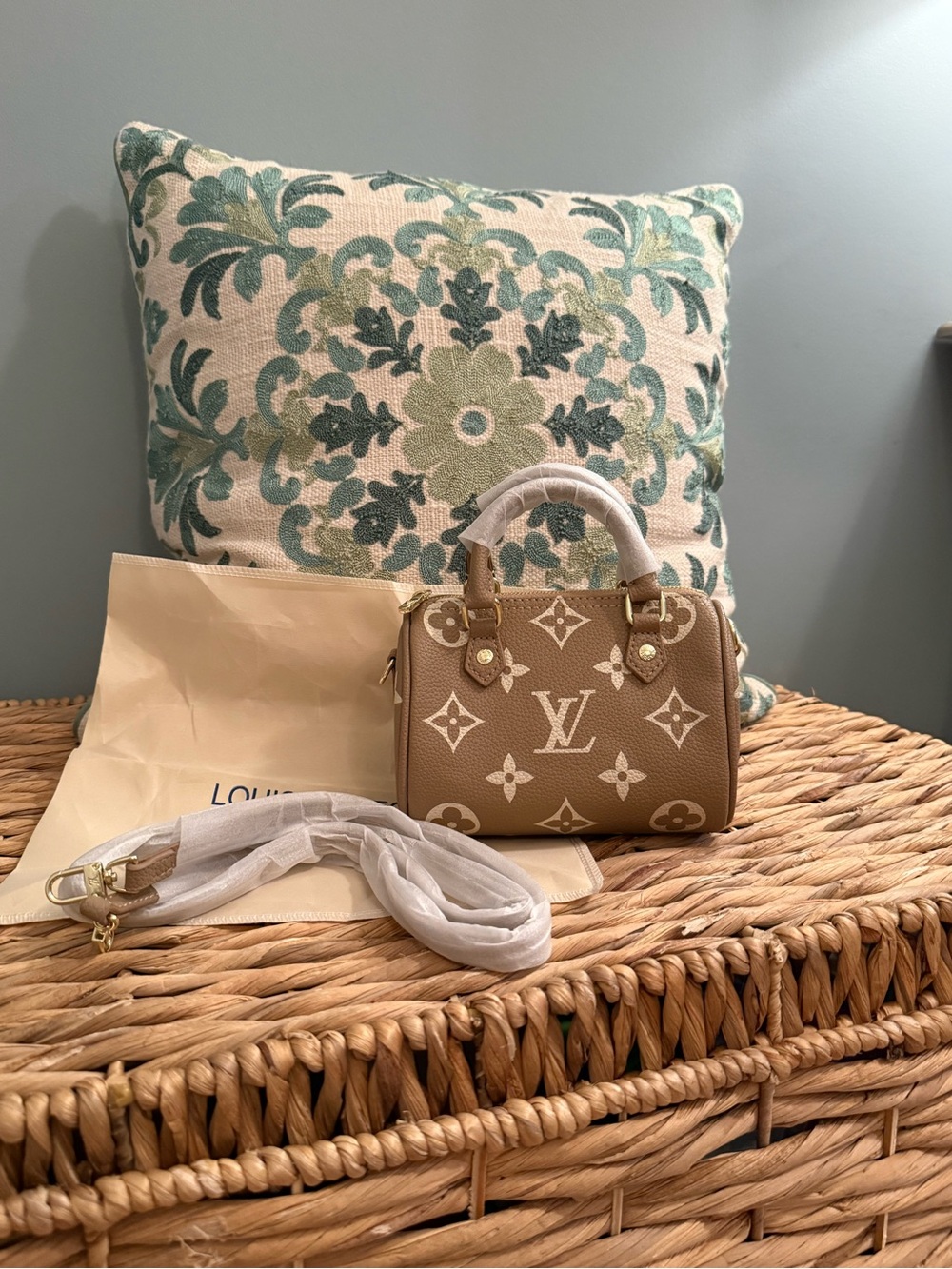 L V Tan & White Nano Speedy Crossbody